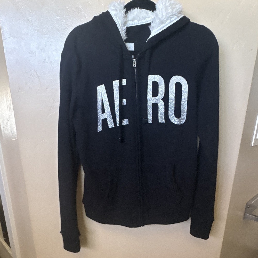 Aeropostale Womens Black Zip Up Hoodie Faux Fur Collar Glitter Logo Large